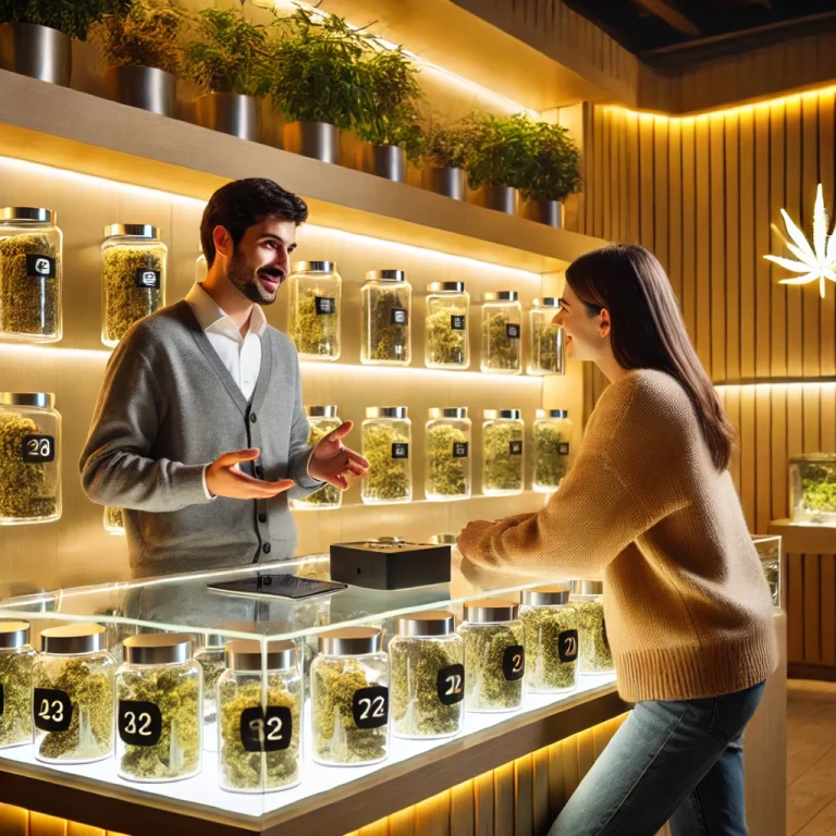 a female customer shopping for flower is asking an employee for recommendations.