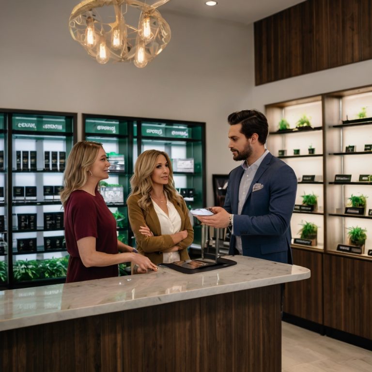 A couple asks a clerk advice about what strain of cannabis to buy.