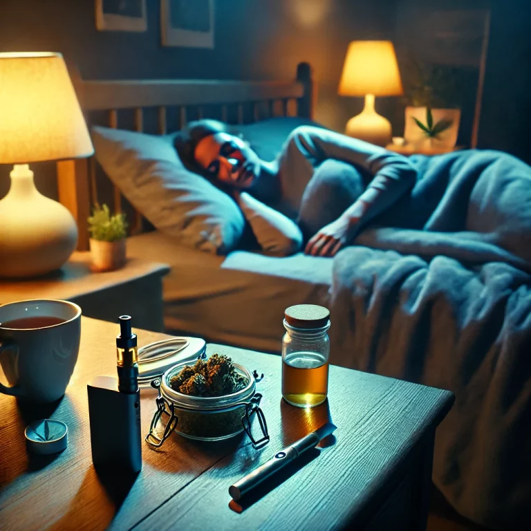 A middle aged woman is having a goodnight sleep there is cannabis on her table.